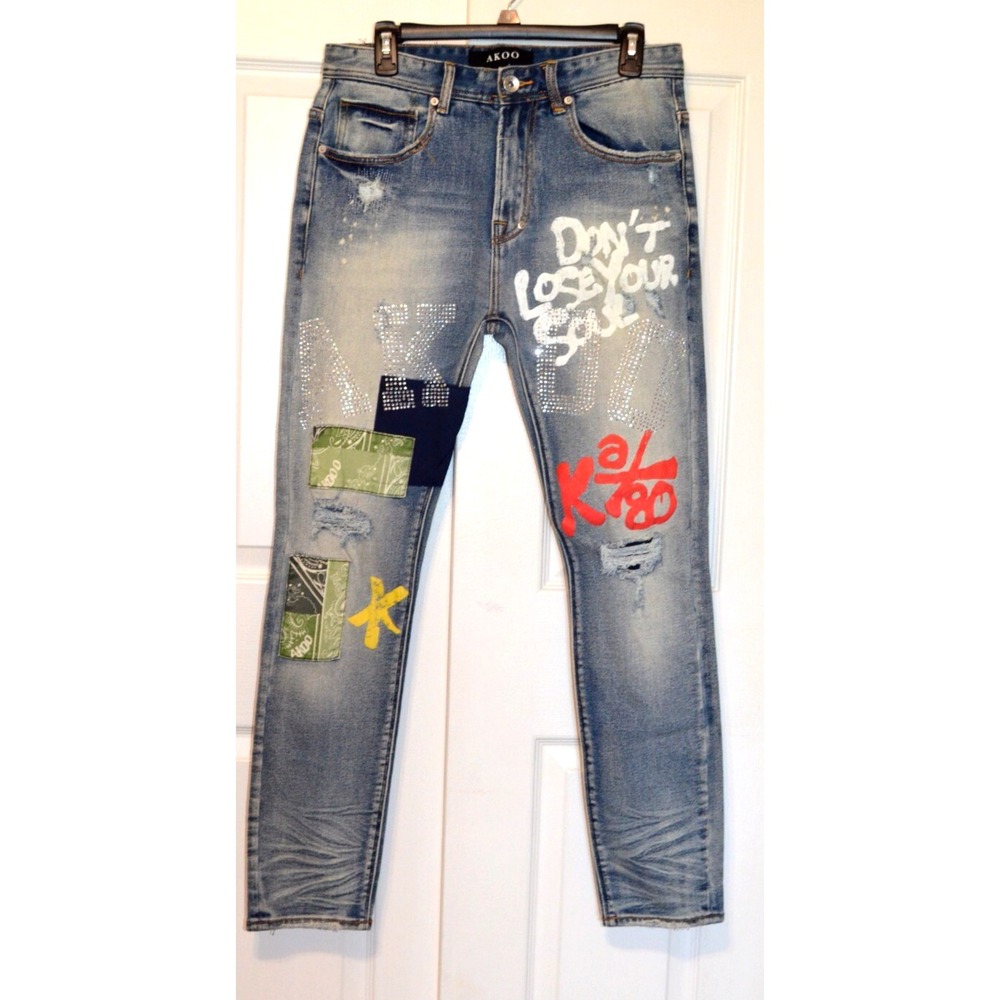 Akoo Hip-Hop Art Streetwear Denim Blue Jeans Men's‎ 32 x 30 Don't Lose Your Soul
